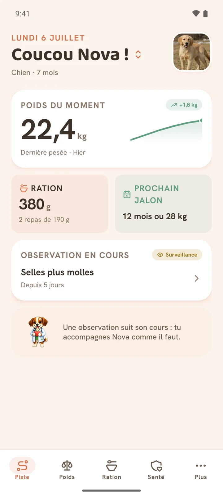 L’accueil d’Animoa pour un chien, avec les raccourcis de suivi