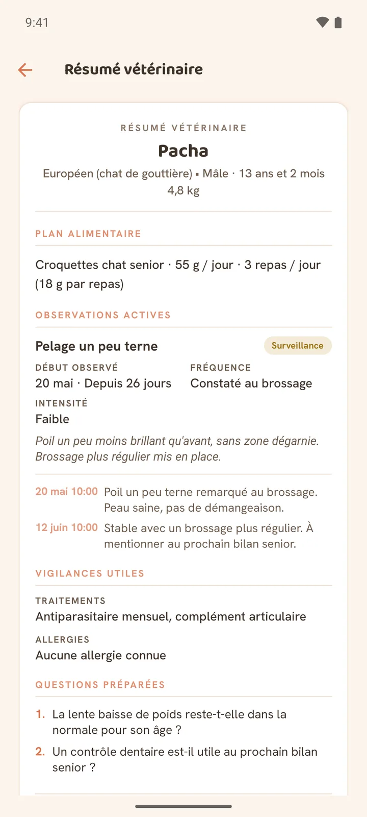 Le résumé vétérinaire d’Animoa, prêt à être exporté en PDF
