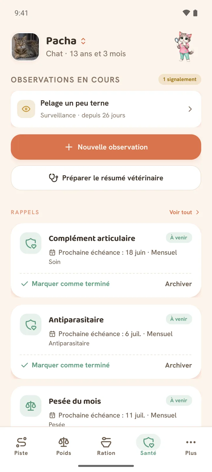 L’écran santé d’Animoa avec le journal d’observations