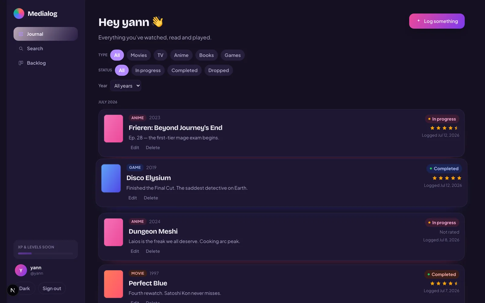 Le journal de Bubblu affiché en thème sombre