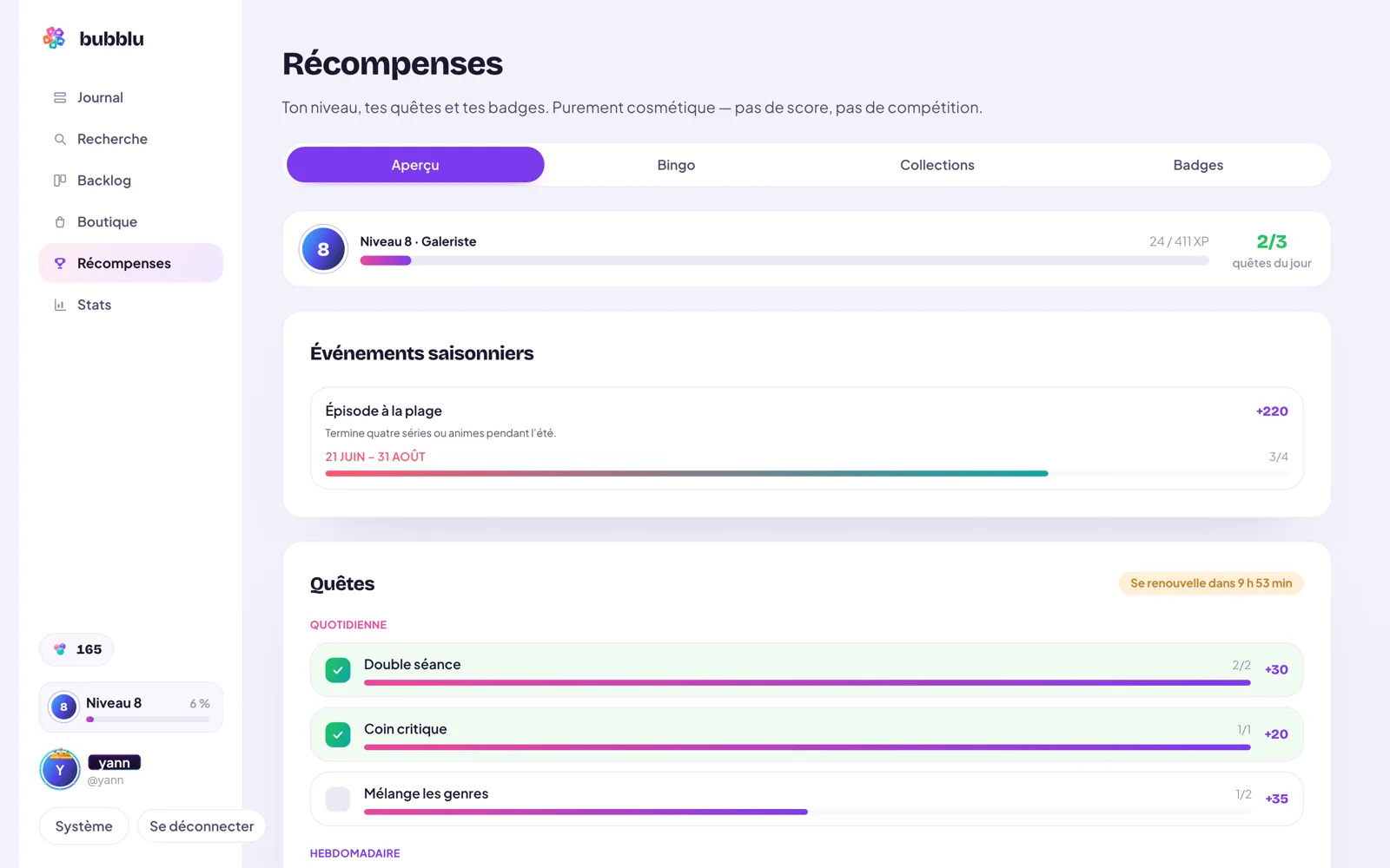 La page des récompenses de Bubblu : expérience, quêtes et badges