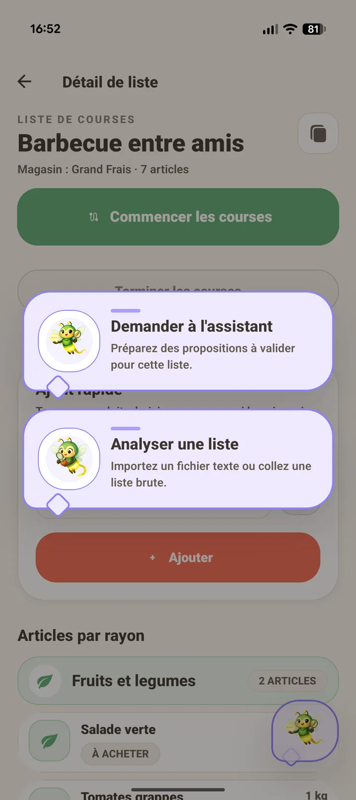 Le détail d’une liste de courses Dedalia, avec la barre d’ajout intelligente