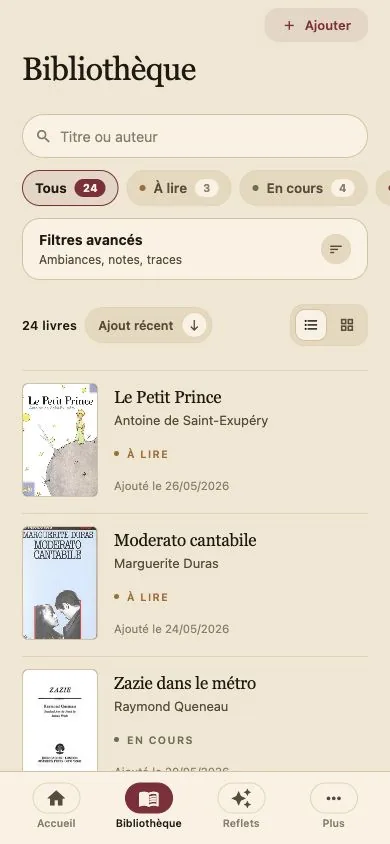 La bibliothèque locale de Rémanence, avec recherche et filtres par statut